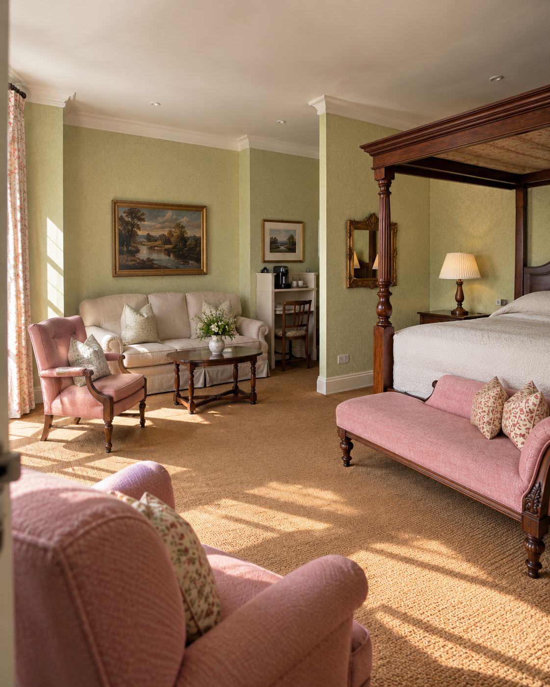 A guest bedroom with linen bedding and a garden view